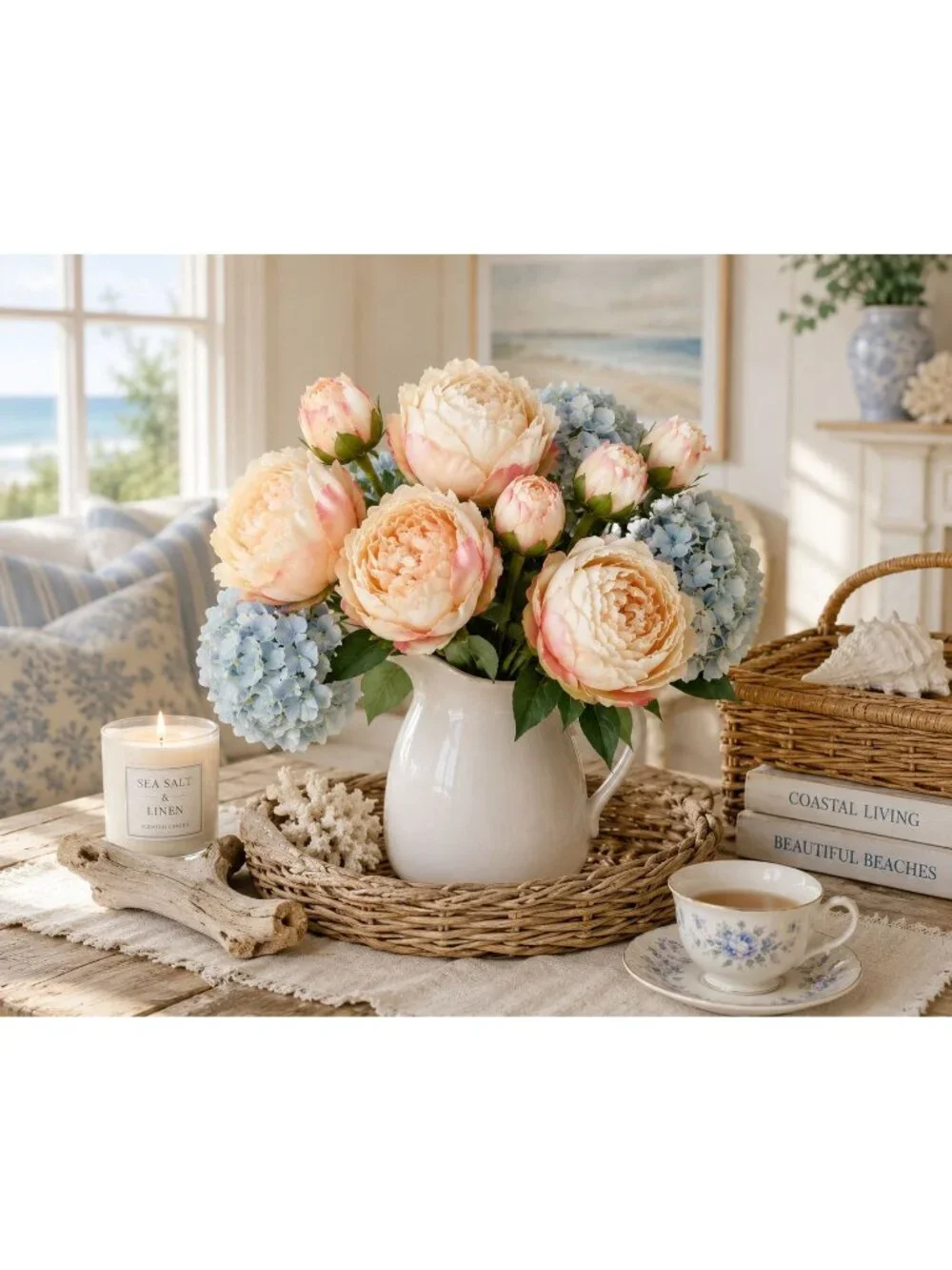 Faux Peony Bouquet Cream Pink Artificial Flowers Cottagecore Decor French Cottag